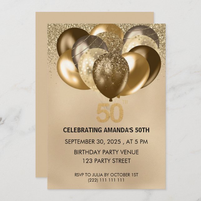 Elegant Gold Balloons 50th Birthday Invitation Einladung (Vorne/Hinten)