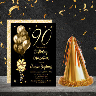 Elegant Gold Balloons auf Black 90. Geburtstagspar Einladung