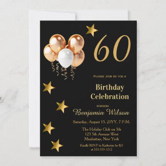 Elegant Gold Balloons on Black 60th Birthday Party Einladung