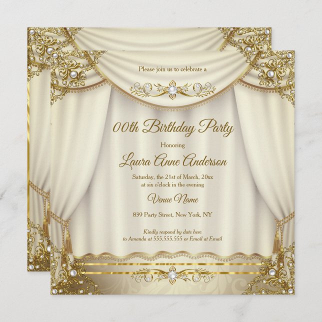 Elegant Gold Beige Creme Pearl Drapes Birthday Einladung (Vorne/Hinten)