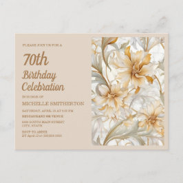 Elegant Gold Beige Floral 70. Geburtstag Einladungspostkarte