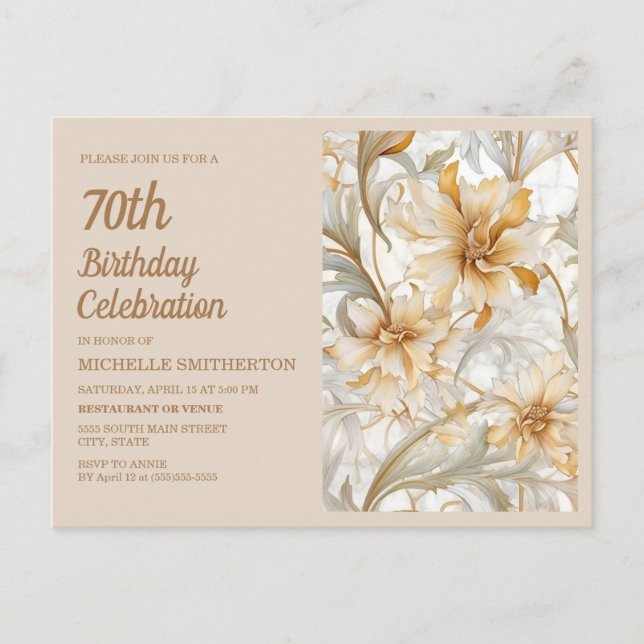 Elegant Gold Beige Floral 70. Geburtstag Einladungspostkarte (Vorderseite)