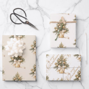 Elegant Gold Beige Weihnachtsbaumkalligrafie Geschenkpapier Set