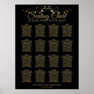 Elegant Gold Black 16 Table Wedding Seating Chart Poster