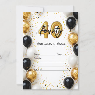 Elegant Gold & Black Balloon 40. Geburtstagsinvita Einladung