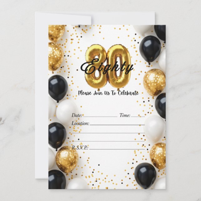 Elegant Gold & Black Balloon 80. Geburtstag Einlad Einladung (Vorderseite)