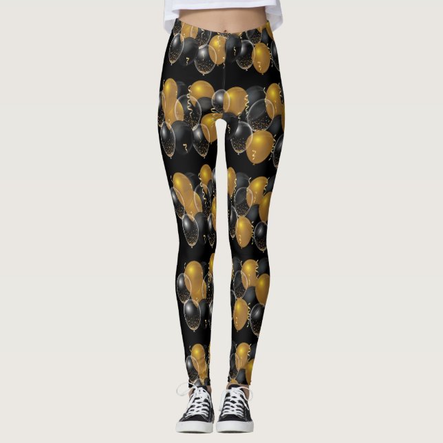 Elegant Gold Black Balloons Confetti Leggings (Vorderseite)