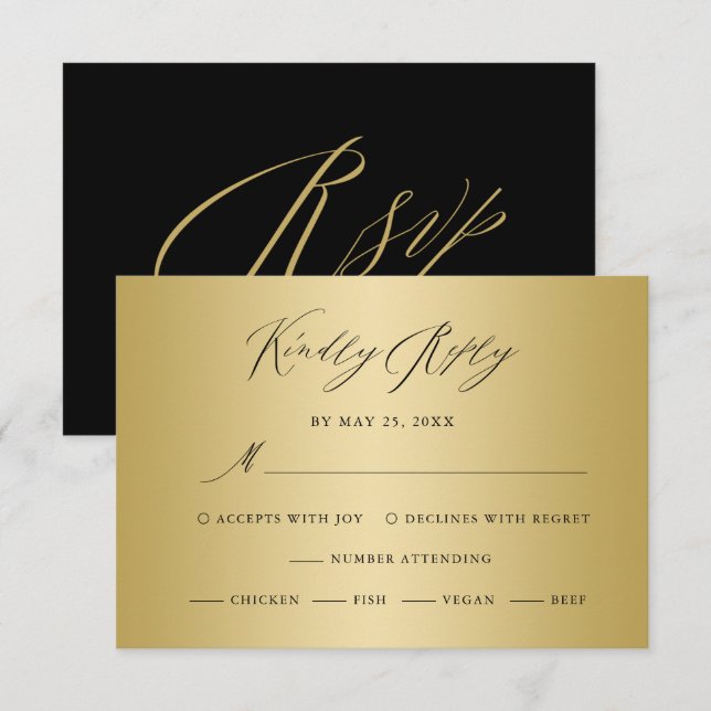 Elegant Gold Black Calligraphy Wedding RSVP Car Karte (Vorne/Hinten)