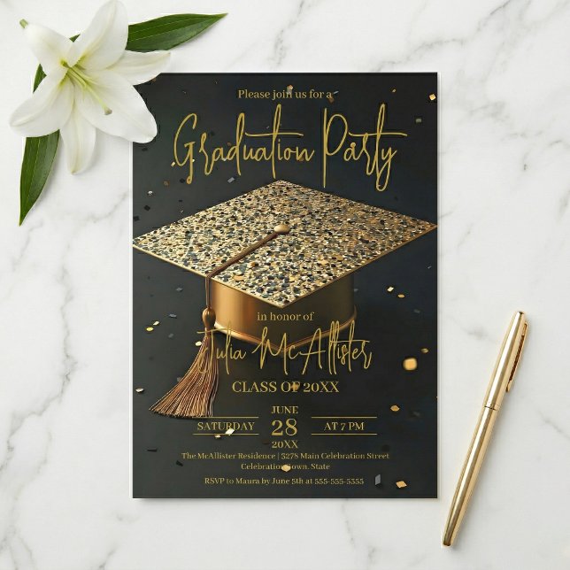 Elegant Gold Black Faux Glitter Cap Graduation Einladung (Von Creator hochgeladen)