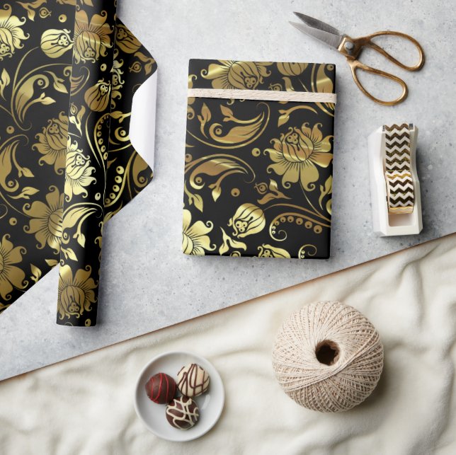 Elegant Gold & Black Floral Pattern Geschenkpapier (Kunsthandwerk)
