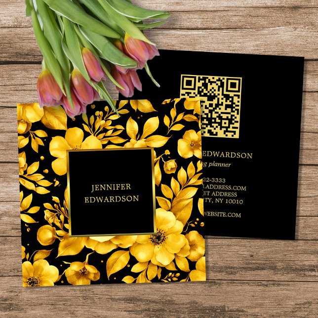 Elegant gold black flowers QR code professional Quadratische Visitenkarte (Elegant gold black flowers QR code professional Square Business Card.)