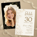 Elegant Gold Black Foto Überraschung 30. Geburtsta Einladung<br><div class="desc">Elegante Goldcreme und schwarze Überraschung 30. Geburtstag Party Einladung mit Ihrem Foto auf der Rückseite der Karte. Modernes,  feminines Design mit botanischen Akzenten und Typografie-Script-Schriftart. Einfache florale Einladungskarte perfekt für eine stilvolle weibliche Überraschung am Tag. Kann für jedes Alter angepasst werden. Gedruckte Zazzle Einladungen oder Sofortdownload digitalen druckbaren Vorlage.</div>