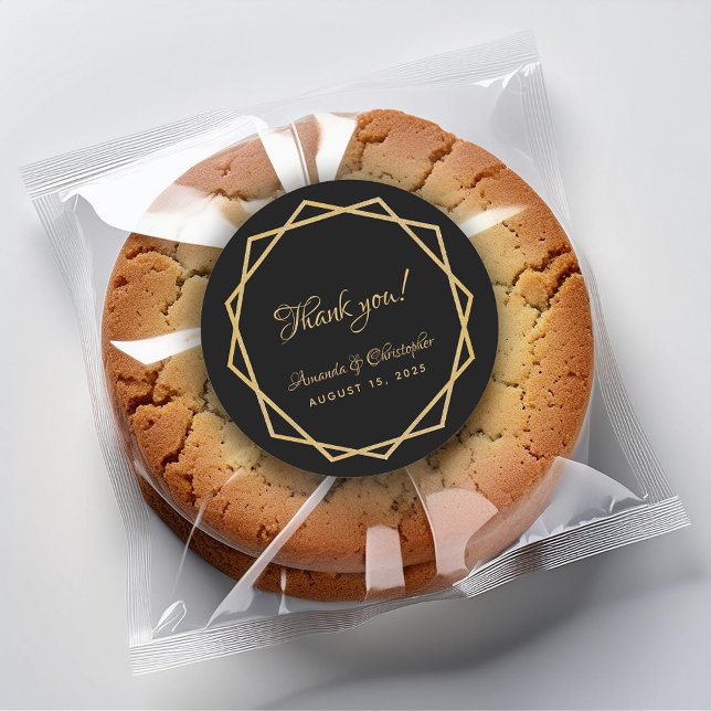 Elegant Gold Black Geometric Danke Hochzeit Runder Aufkleber (Von Creator hochgeladen)