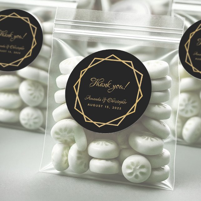 Elegant Gold Black Geometric Danke Hochzeit Runder Aufkleber (Von Creator hochgeladen)