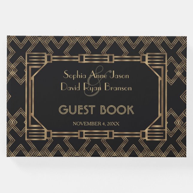 Elegant Gold Black Great Gatsby 1920er Hochzeit Gästebuch (Vorderseite)