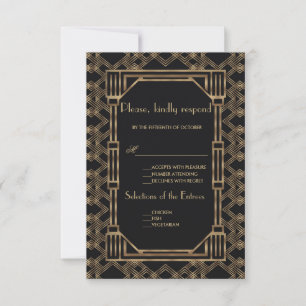 Elegant Gold Black Great Gatsby 1920s Wedding RSVP Karte