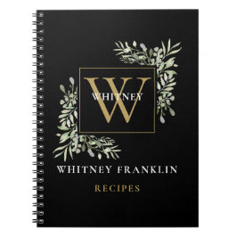 Elegant Gold Black Greenery Monogram Rezept Notizblock
