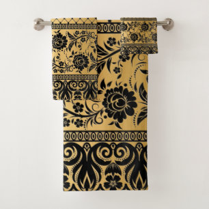 ELEGANT GOLD BLACK LACE FLORAL BADEZIMMER TOWEL SE BADHANDTUCH SET