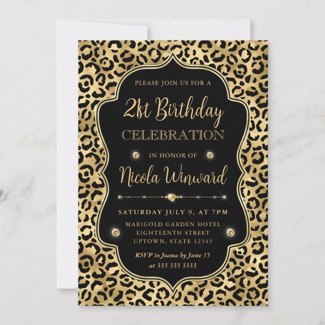 Elegant Gold & Black Leopard Print Birthday Party Einladung (Vorderseite)