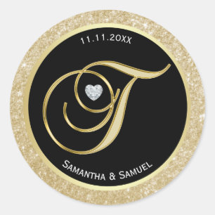 Elegant Gold Black Monogram Letter 'T' Wedding Runder Aufkleber