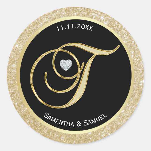 Elegant Gold Black Monogram Letter 'T' Wedding Runder Aufkleber (Vorderseite)