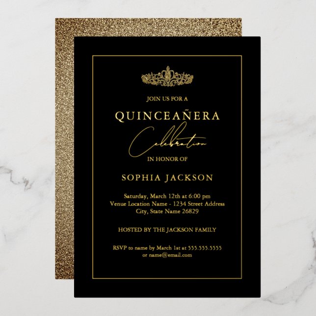 Elegant Gold Black Quinceanera 15. Folieneinladung (Vorderseite/Rückseite)