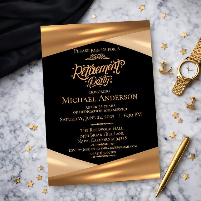 Elegant Gold Black Retirement Party  Einladung (Elegant Gold Black Retirement Party Invitation)