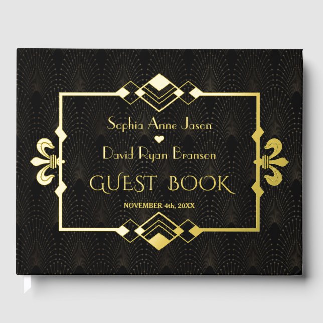 Elegant Gold Black Roaring 20's Art Déco Hochzeit Gästebuch (Vorderseite)