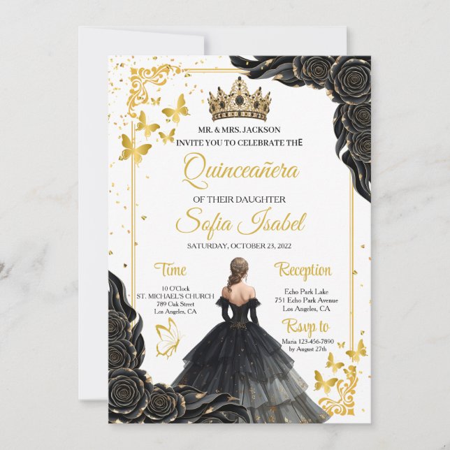 Elegant Gold Black Royal Quinceañera Invite Einladung (Vorderseite)