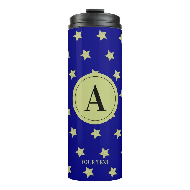 Elegant Gold & Black Star Pattern Monogram Thermosbecher (Vorderseite)