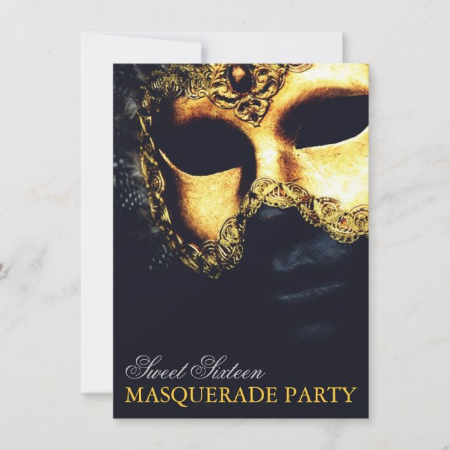 Elegant Gold Black Sweet 16 Masquerade Einladungen (Vorderseite)
