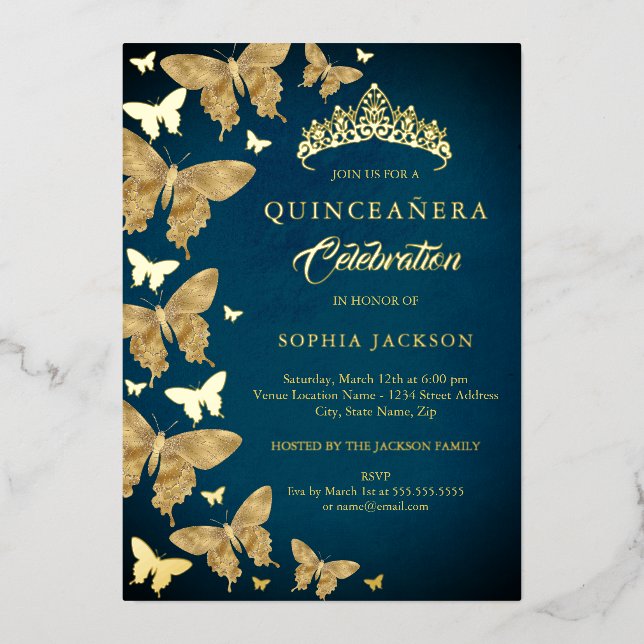 Elegant Gold Blue Butterfly Quinceanera Folieneinladung (Vorderseite)