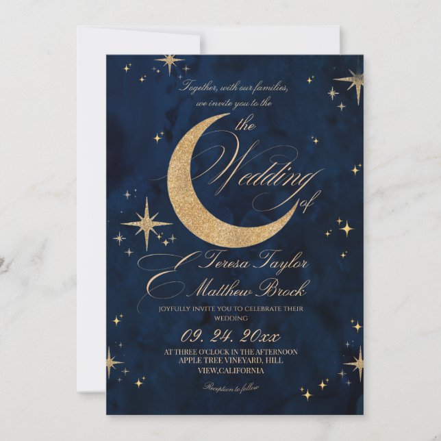 Elegant Gold & Blue Celestial Wedding  Einladung (Vorderseite)