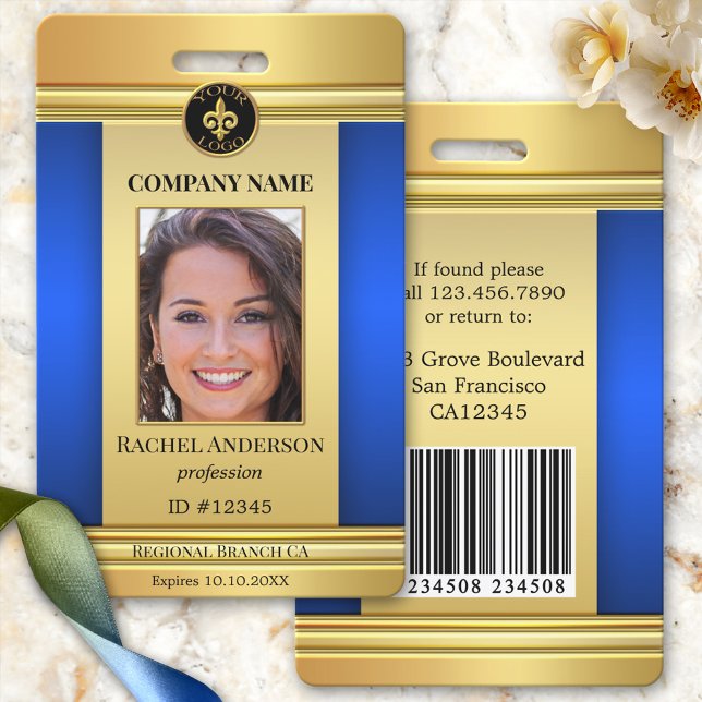 Elegant Gold Blue Employee Foto ID Abzeichen Ausweis (Elegant gold and blue design photo ID badge with space for your custom photo and logo)