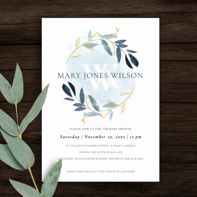 ELEGANT GOLD BLUE FOLIAGE WREATH BABY SHOWCARD DANKESKARTE (Von Creator hochgeladen)