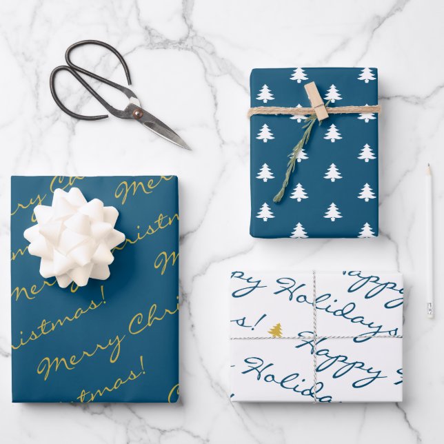 Elegant Gold Blue Frohe Weihnachtsbaumen Geschenkpapier Set (Vorderseite)