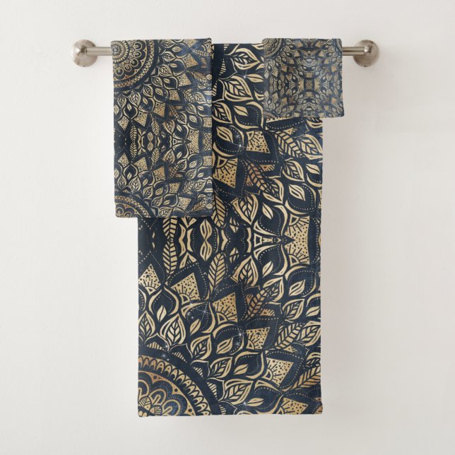 Elegant Gold Blue Mandala Floral Badhandtuch Set (Insitu)