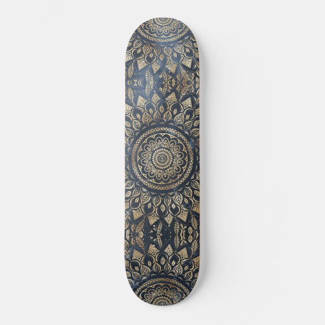 Elegant Gold Blue Mandala Floral Skateboard (Vorderseite)