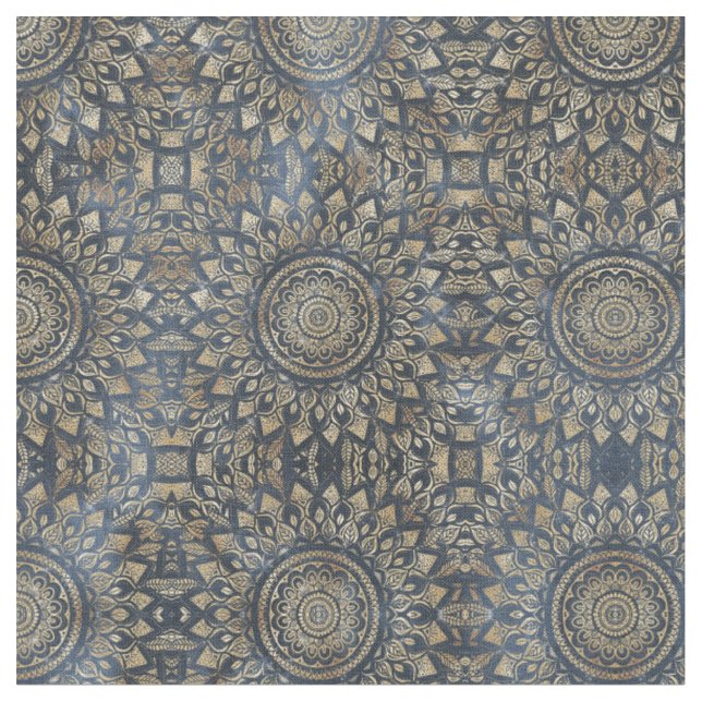 Elegant Gold Blue Mandala Floral Stoff (Nahaufnahme)