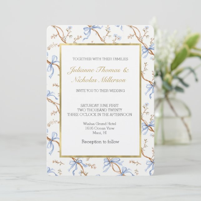 Elegant Gold Blue Ribbons Wedding Einladung (Stehend Vorderseite)