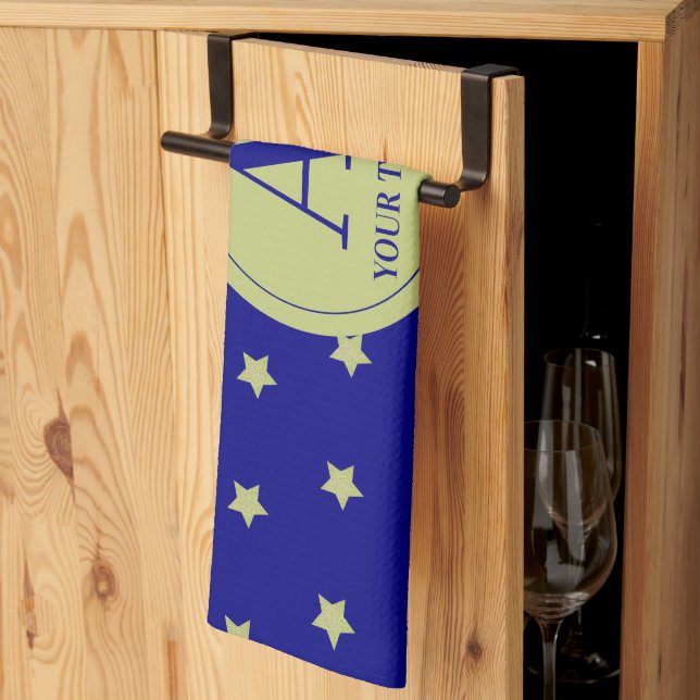 Elegant Gold & Blue Star Pattern Monogram Geschirrtuch (Drittel gefaltet)