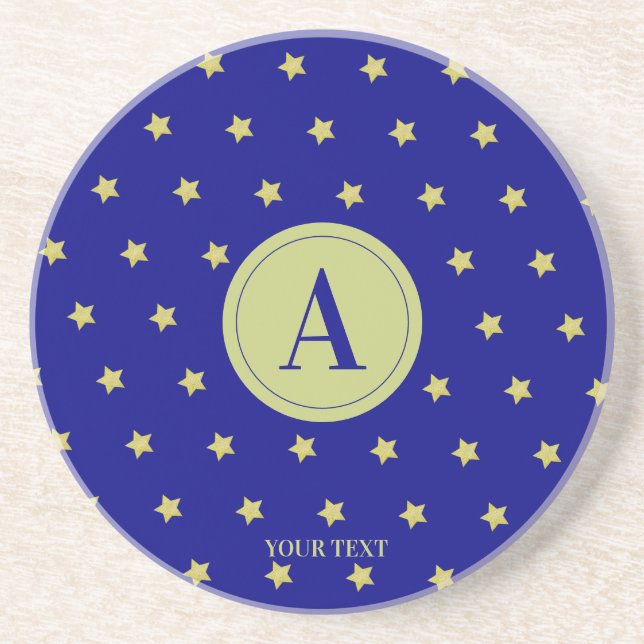 Elegant Gold & Blue Star Pattern Monogram Getränkeuntersetzer (Vorne)