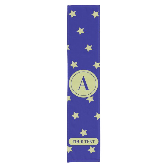 Elegant Gold & Blue Star Pattern Monogram Kurzer Tischläufer (Vorderseite)