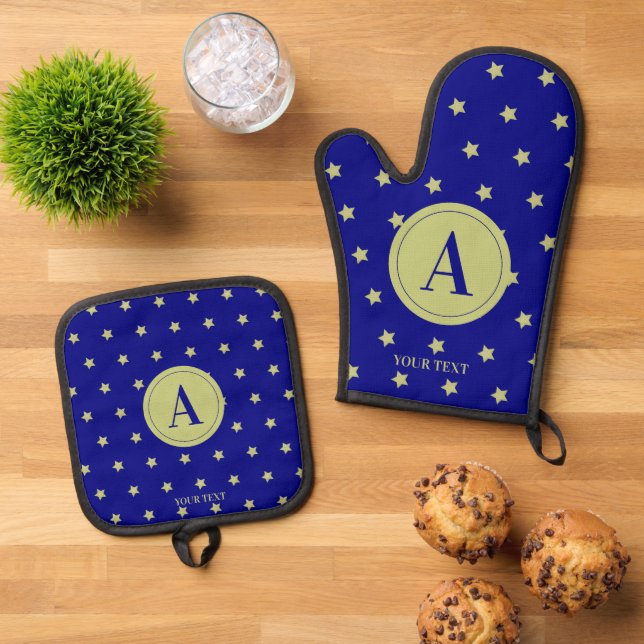 Elegant Gold & Blue Star Pattern Monogram Ofenhandschuh & Topflappen-Set (Oben Unten)