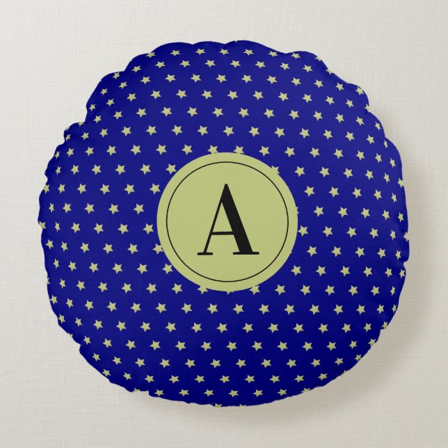 Elegant Gold & Blue Star Pattern Monogram Rundes Kissen (Vorderseite)