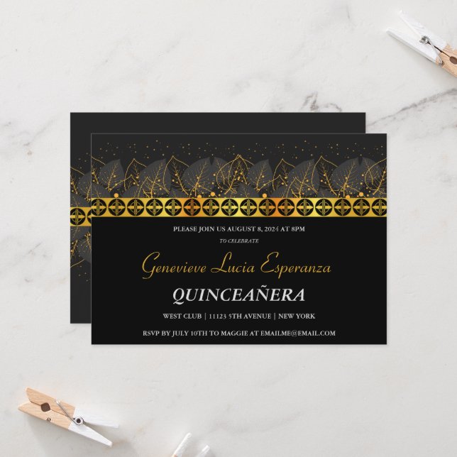 Elegant Gold Border Quinceñera Einladung (Vorderseite/Rückseite Beispiel)