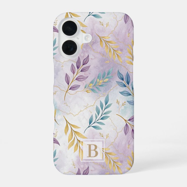 Elegant Gold Botanical Marble Mongram iPhone 16 Hülle (Rückseite)