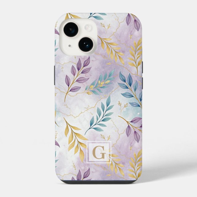 Elegant Gold Botanical Marble Mongram iPhone Hülle (Rückseite)
