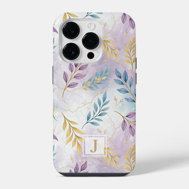 Elegant Gold Botanical Marble Mongram iPhone Hülle (Rückseite)