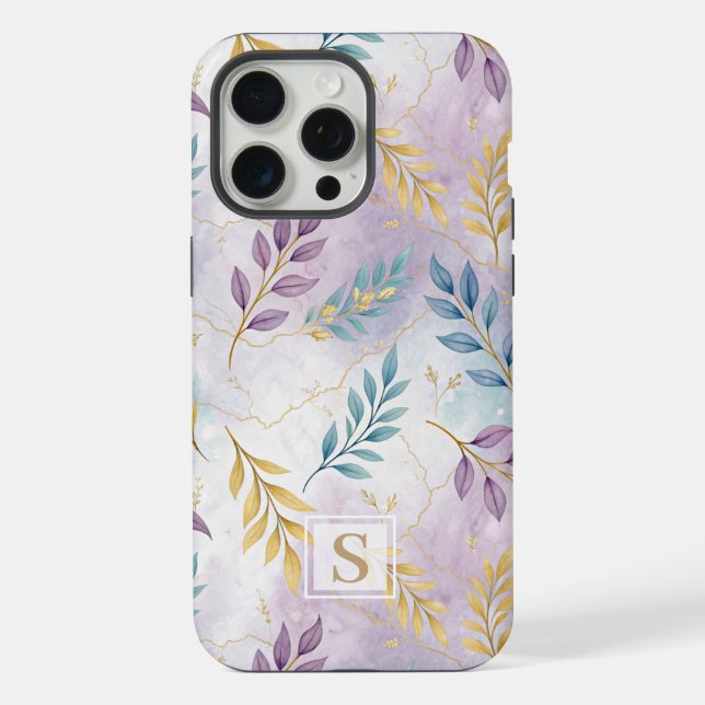 Elegant Gold Botanical Marble Mongram iPhone Hülle (Rückseite)